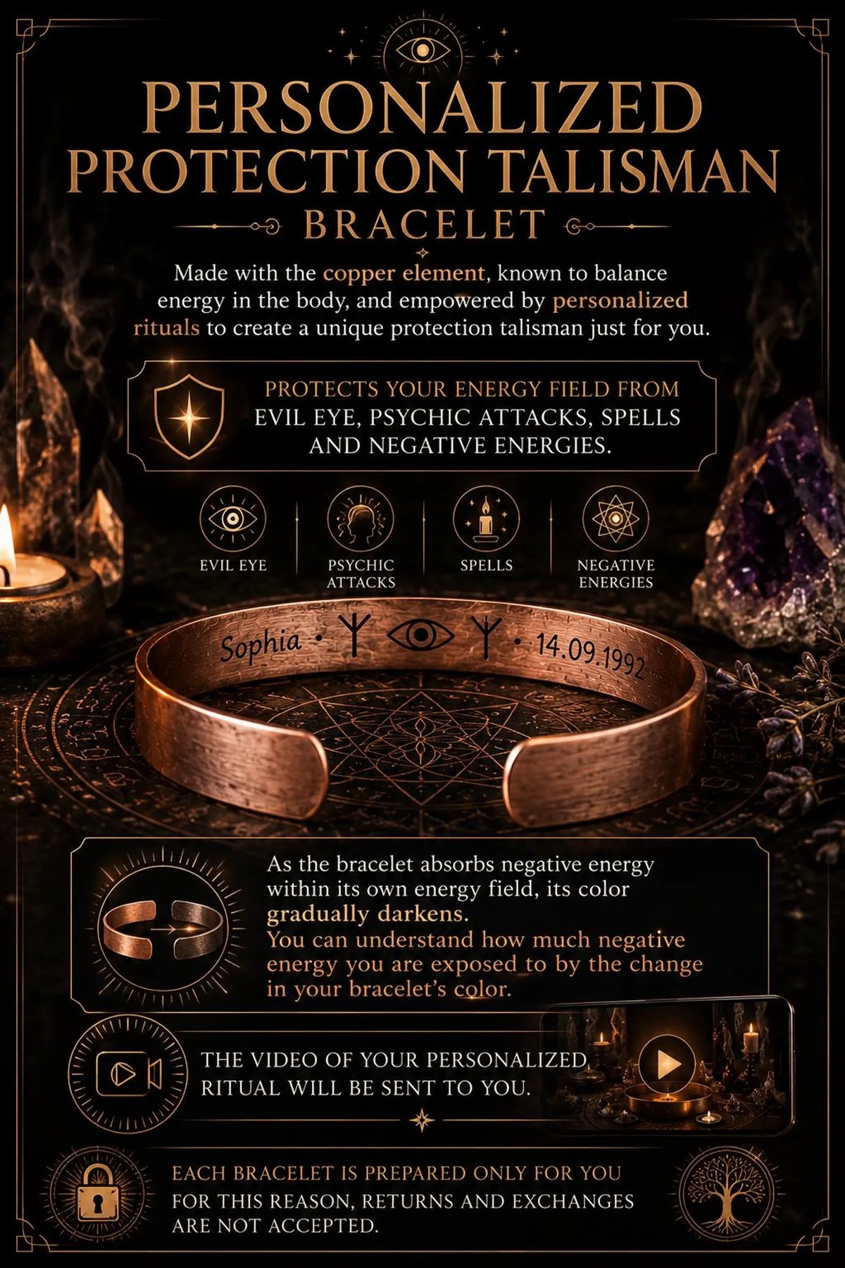 Personalized Copper Protection Bracelet, Spiritual Talisman, Evil Eye, Algiz Rune, Custom Name & Birth Date