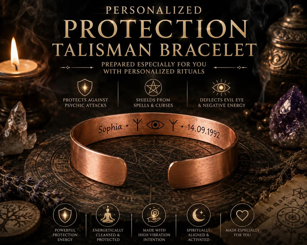Personalized Copper Protection Bracelet, Spiritual Talisman, Evil Eye, Algiz Rune, Custom Name & Birth Date